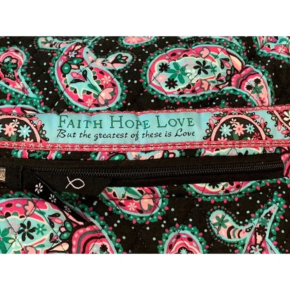 Faith Hope Love Shoulder Bag Black Paisley Floral Quilted Multi-Pocket Purse Zip - Picture 10 of 16